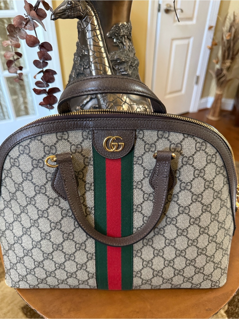 Gucci Brown GG Canvas Satchel with Green and Red Cherry Web Stripe